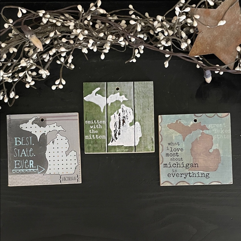 NWT 3 Piece Set Michigan State Decorative Small Wooden Wall Art Set - 4”x4” Each